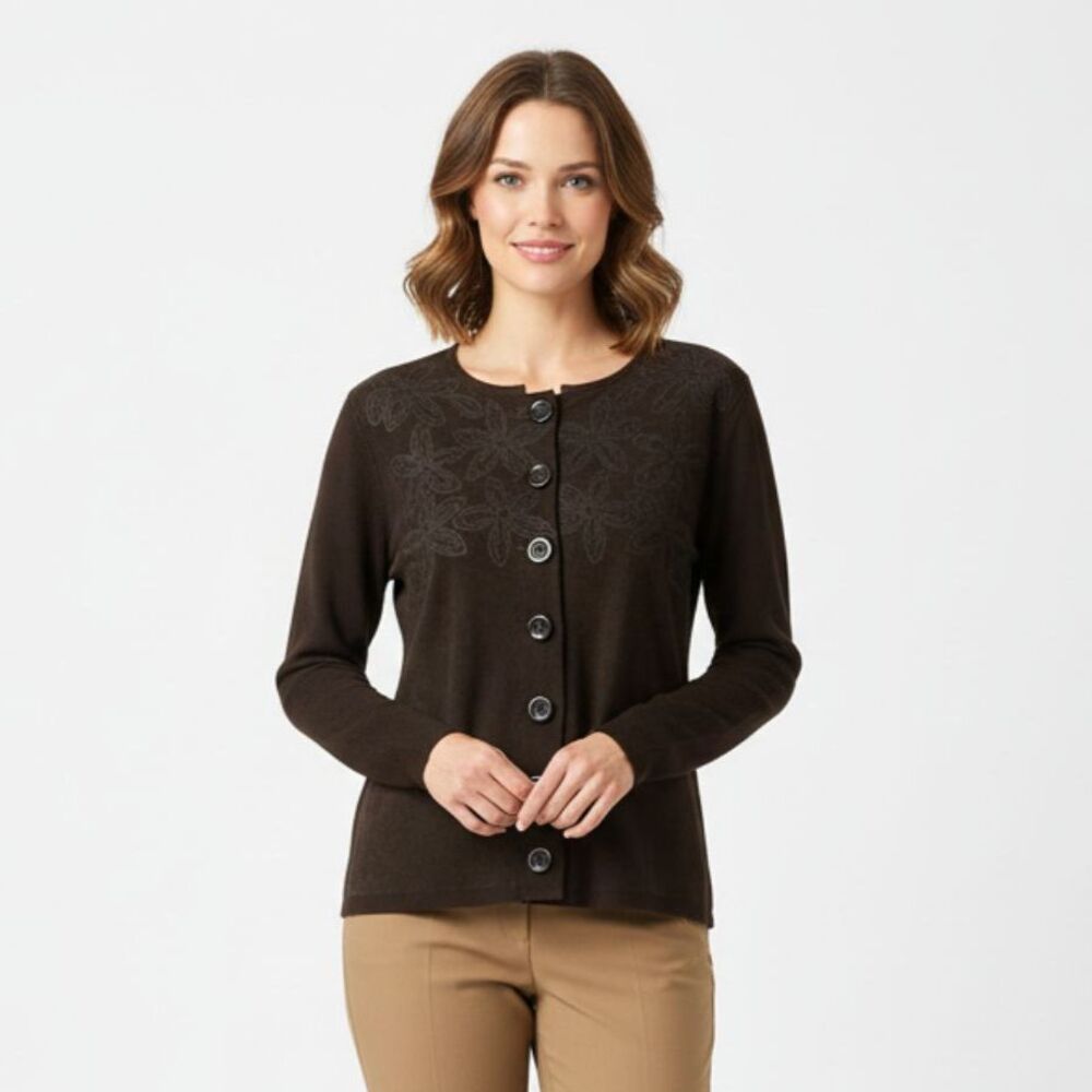 Escapade Leather Suede & Knit Floral Trim Button Up Boho Long Sleeve Sweater L